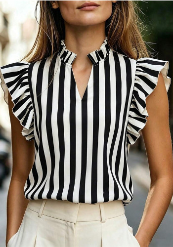 Women Summer Ruffled Printed Sleeveless Shirt Top