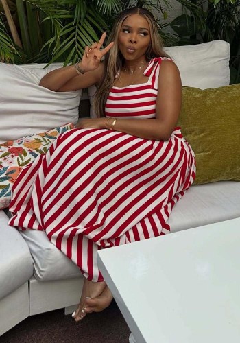 Women African Chic Striped Printed Tie Halter Top & High Waist Midi Skirt Two-Piece Set