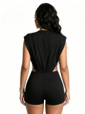 Summer Women Round Neck Sleeveless Double Side Hollow Out Bodysuit & Tight Shorts Two-Piece Set