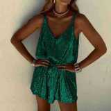 Women Sexy Spaghetti Strap Sequin Beaded Backless V Neck Sleeveless Dress