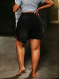 Summer Women Plus Size Denim High Waist Loose Wide Leg Fringe Side Split Knee-Length Shorts