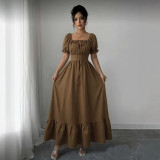 Women Square Neck Puff Sleeve Tie Slim Waist Evening Dress