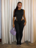 Summer Women Round Neck Sleeveless Double Side Hollow Out Bodysuit & Tight Pants Two-Piece Set