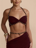 Women Holidays Beaded Halter Neck Sexy Low Back Sleeveless Slim Fitted Bodycon Two-Piece Skirt Set