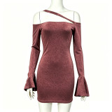 Women Sexy Slim Fitted Off Shoulder Bell Sleeve Bodycon Dress