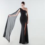 Plus Size Women Satin Chiffon One Shoulder Draped Mermaid Slit Evening Dress