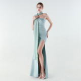 Plus Size Women Satin Chiffon One Shoulder Draped Mermaid Slit Evening Dress