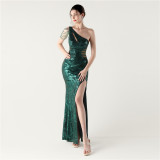 Plus Size Women One Shoulder Hollow Out Mermaid Slit Beaded Formal Party Sequin Evening Dress
