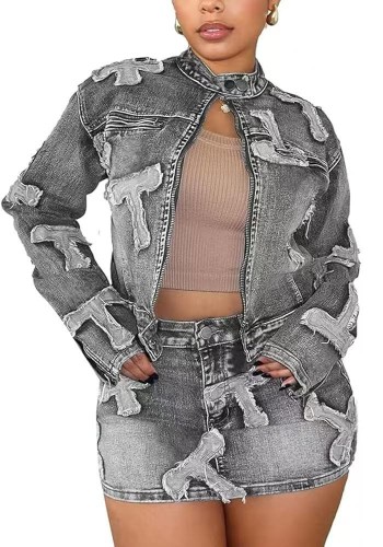 Women Denim Embroidered Jacket & Mini Skirt Two-Piece Set