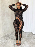 Women Sexy Slim Fitted Lace Patchwork Lace-Up Jumpsuit