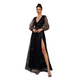 Women Formal Party Long Sleeve V-Neck Sequin Split Swing Evening Dress