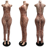 Women Spring Summer Printed Vest Pleated Lace-Up Backless Slit Jumpsuit