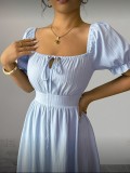 Women Square Neck Puff Sleeve Tie Slim Waist Evening Dress