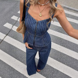 Summer Women Dark Blue Striped Halter Top & Denim Pants Two-Piece Set