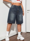 Summer Women Denim Mid-Rise Loose Casual Slim Fit Wide Leg Knee-Length Shorts