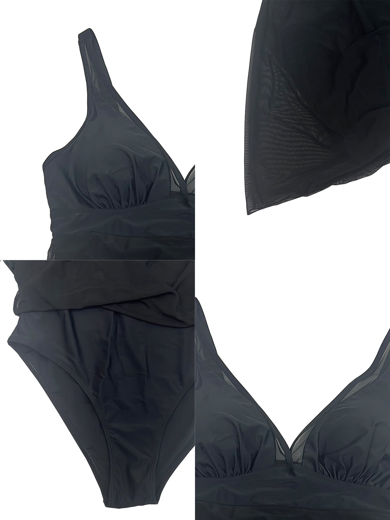 Solid Black Mesh Mini Skirt Tummy Control One-Piece Swimsuit