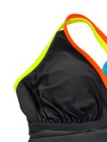 Women Plus Size Solid Black Color Block Slim Fit Low Back Sporty One-Piece Swimsuit