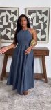 Women Plus Size Denim Halter Neck Slim Waist Swing Maxi Dress