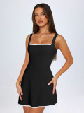 Women French Style Lace Trim Color Block Spaghetti Strap Dress
