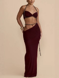Women Holidays Beaded Halter Neck Sexy Low Back Sleeveless Slim Fitted Bodycon Two-Piece Skirt Set