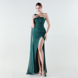 Plus Size Women Satin Chiffon One Shoulder Draped Mermaid Slit Evening Dress