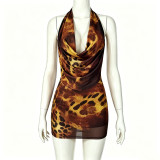 Women Sexy Leopard Print Cowl Neck Low Back Mesh Halter Neck Mini Skirt Two-Piece Set