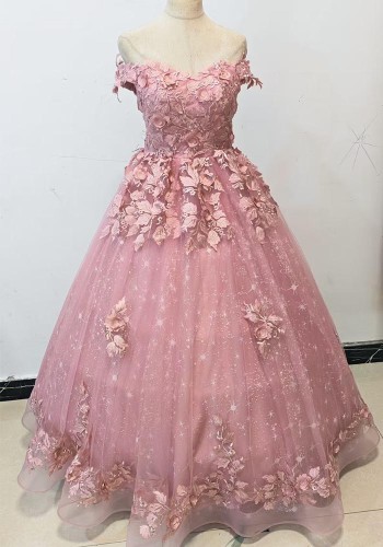 Women Luxury Embroidery Tulle Puffy Off Shoulder Party Evening Dress（Processing time need 3-6 days）