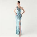 Plus Size Women One Shoulder Hollow Out Mermaid Slit Beaded Formal Party Sequin Evening Dress