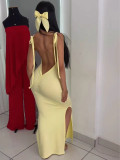 Summer Women Sexy Low Back Tie Split Ruched Evening Dress