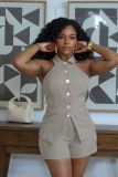 Women Elegant Turndown Collar Button Down Sleeveless Halter Neck Blazer Vest Shorts Set