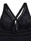 Women Plus Size Solid Black Sexy Slim Fit Low Back High Waist Two-Piece Swimsuit