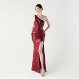 Plus Size Women Sexy Bodycon One Shoulder Slash Shoulder Sequin Mesh Evening Dress