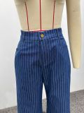 Summer Women Dark Blue Striped Halter Top & Denim Pants Two-Piece Set