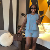 Women Summer Denim Short Sleeve Vest and Shorts Two-Piece Set