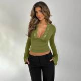 Summer Women Solid Lace Patchwork Slim Fitted Low Neck Long Sleeve Flare Top
