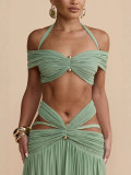 Women Halter Neck Off Shoulder Pleated Sexy Crop Hollow Out Top Long Skirt Two-Piece Set