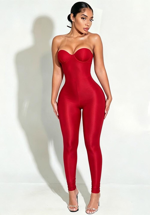 Women Strapless Sexy Low Back Slim Fitted Solid Jumpsuit