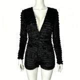 Women Sexy Deep V Fringe Low Back Jumpsuit