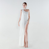 Plus Size Women Satin Chiffon One Shoulder Draped Mermaid Slit Evening Dress