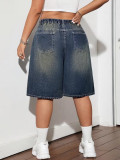 Summer Women Denim Mid-Rise Loose Casual Slim Fit Wide Leg Knee-Length Shorts