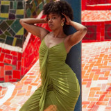 Women African Chic Slim Fitted Ruffle Edge Pleated High Waist Bodycon Long Dress