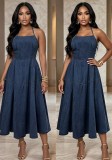 Women Plus Size Denim Halter Neck Slim Waist Swing Maxi Dress