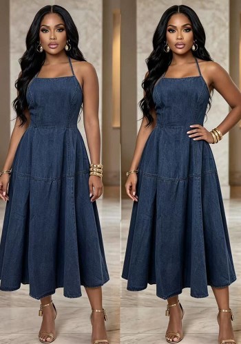 Women Plus Size Denim Halter Neck Slim Waist Swing Maxi Dress