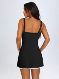 Women French Style Lace Trim Color Block Spaghetti Strap Dress