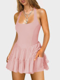 Women Yellow Summer Halter Neck Mesh Tennis Dress