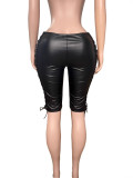 Women Sexy Cross-Back Low-Rise Mid Rise Sexy Cross Lace-Up Pu-Leather Pants