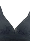 Women Solid Black Mesh Mini Skirt Slim Fit Tummy Control One-Piece Swimsuit