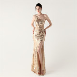 Plus Size Women One Shoulder Hollow Out Mermaid Slit Beaded Formal Party Sequin Evening Dress