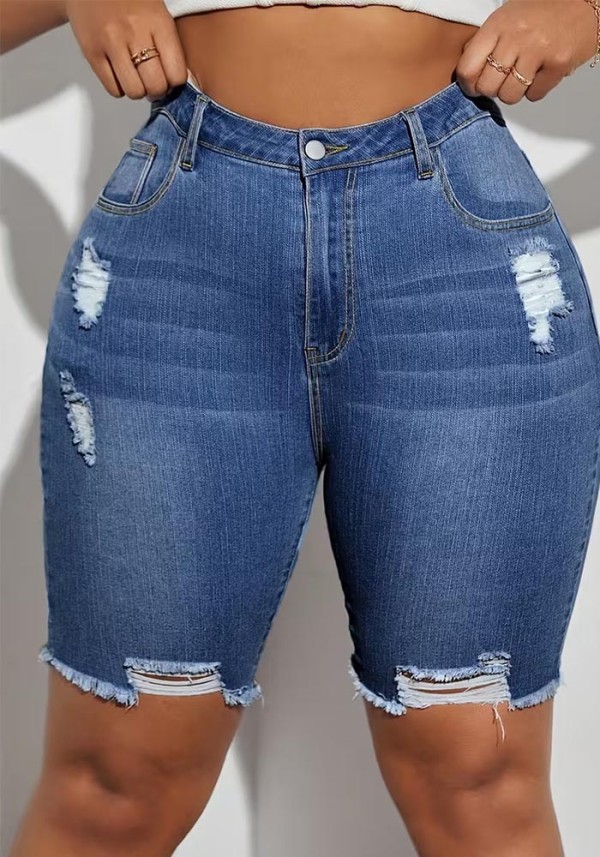Summer Women Denim High Waist Elastic Slim Fit Washed Knee-Length Shorts