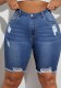 Summer Women Denim High Waist Elastic Slim Fit Washed Knee-Length Shorts